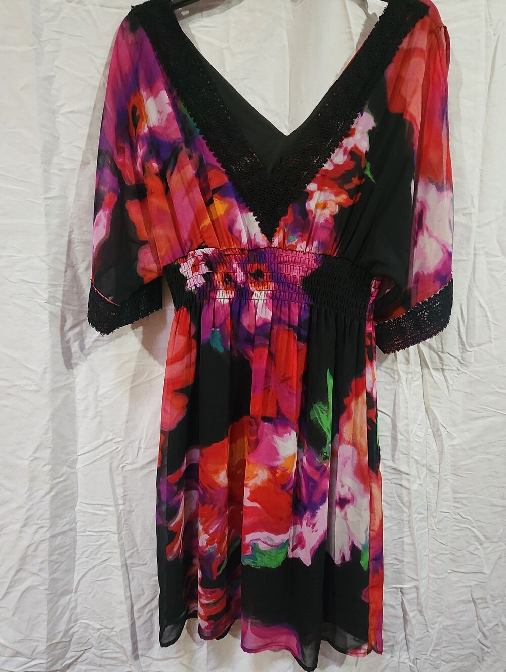 BISOU BISOU Floral V-Neck Black Multi Women's Mini Dress, SZ 10